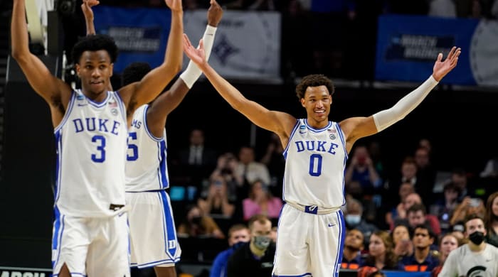 Duke’s Jeremy Roach (3) and Wendell Moore Jr. (0) celebrate after a win against Michigan State in a college basketball game in the second round of the NCAA tournament, Sunday, March 20, 2022, in Greenville, S.C.
